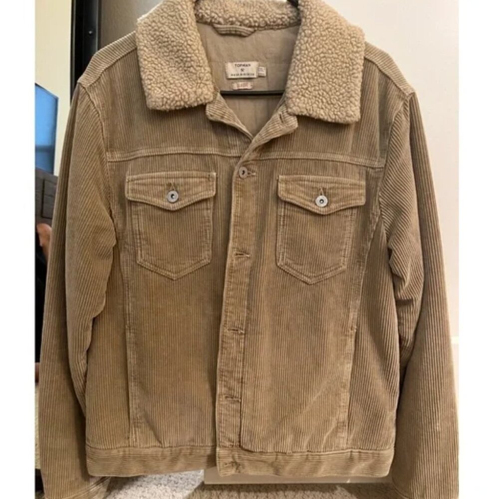 Topman Corduroy Trucker Sherpa Jacket, Tan, Size Medium
